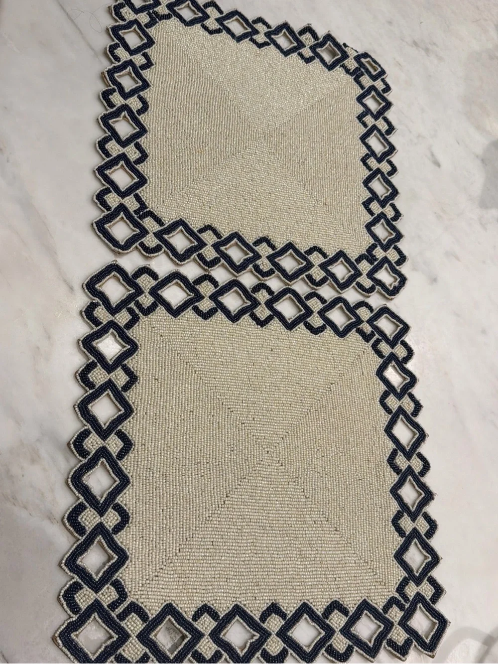 Pier 1 White Blue Geometrical Beaded Mediterranean 14.5